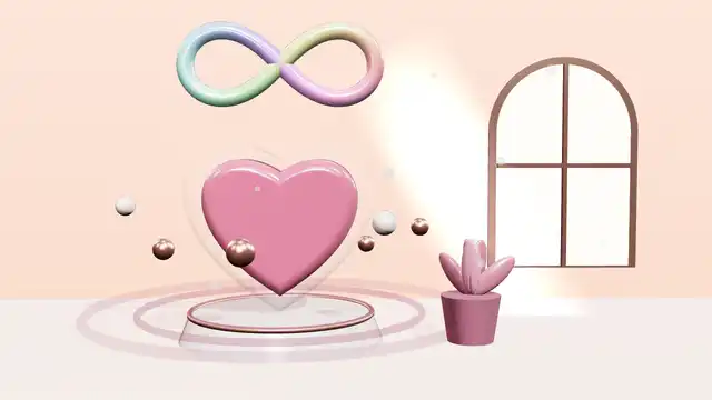 Cena 3D animada de um consultório calmo, com janela em arco, luz suave e o símbolo do infinito colorido sobre um coração de vidro
