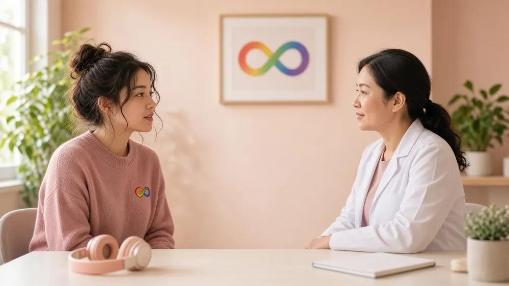 Médica de jaleco sorrindo para uma jovem de fones de ouvido em um consultório acolhedor, com o símbolo do infinito colorido da neurodiversidade na parede e no suéter da paciente