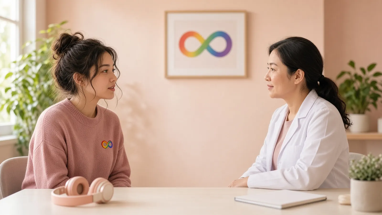 Médica de jaleco sorrindo para uma jovem de fones de ouvido em um consultório acolhedor, com o símbolo do infinito colorido da neurodiversidade na parede e no suéter da paciente