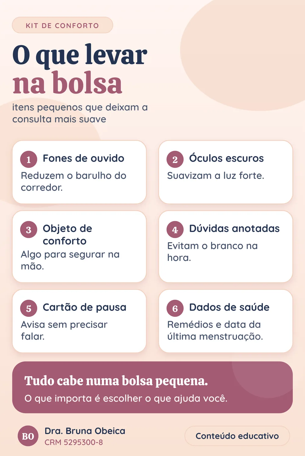 Grade com seis itens para se preparar para a consulta ginecológica: fones de ouvido, óculos escuros, objeto de conforto, dúvidas anotadas, cartão de pausa e dados de saúde como remédios e data da última menstruação