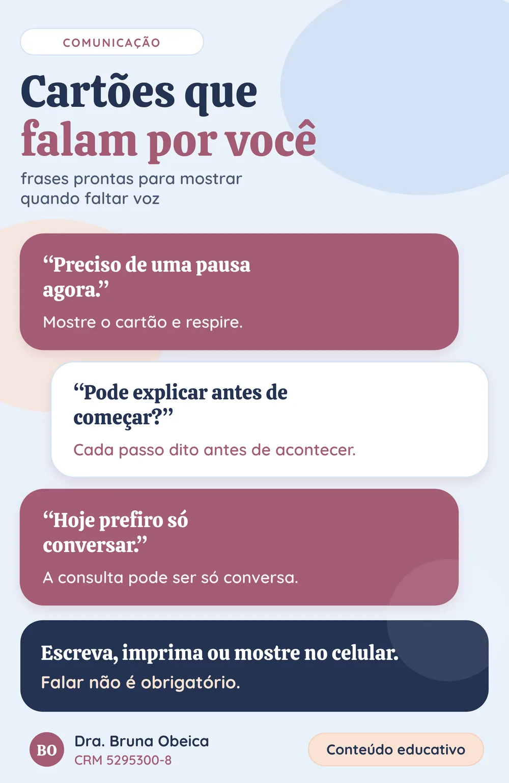Três cartões de comunicação para se preparar para a consulta ginecológica, com frases para mostrar à médica: preciso de uma pausa agora, pode explicar antes de começar e hoje prefiro só conversar, com lembrete de que falar não é obrigatório