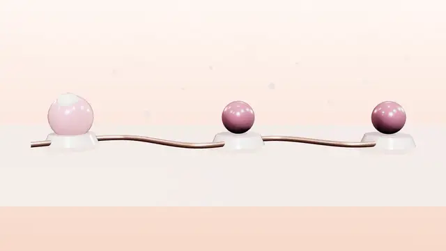Cena 3D animada de uma trilha com três paradas rosadas, representando antes, dia e depois da consulta, com uma pérola de vidro que percorre o caminho