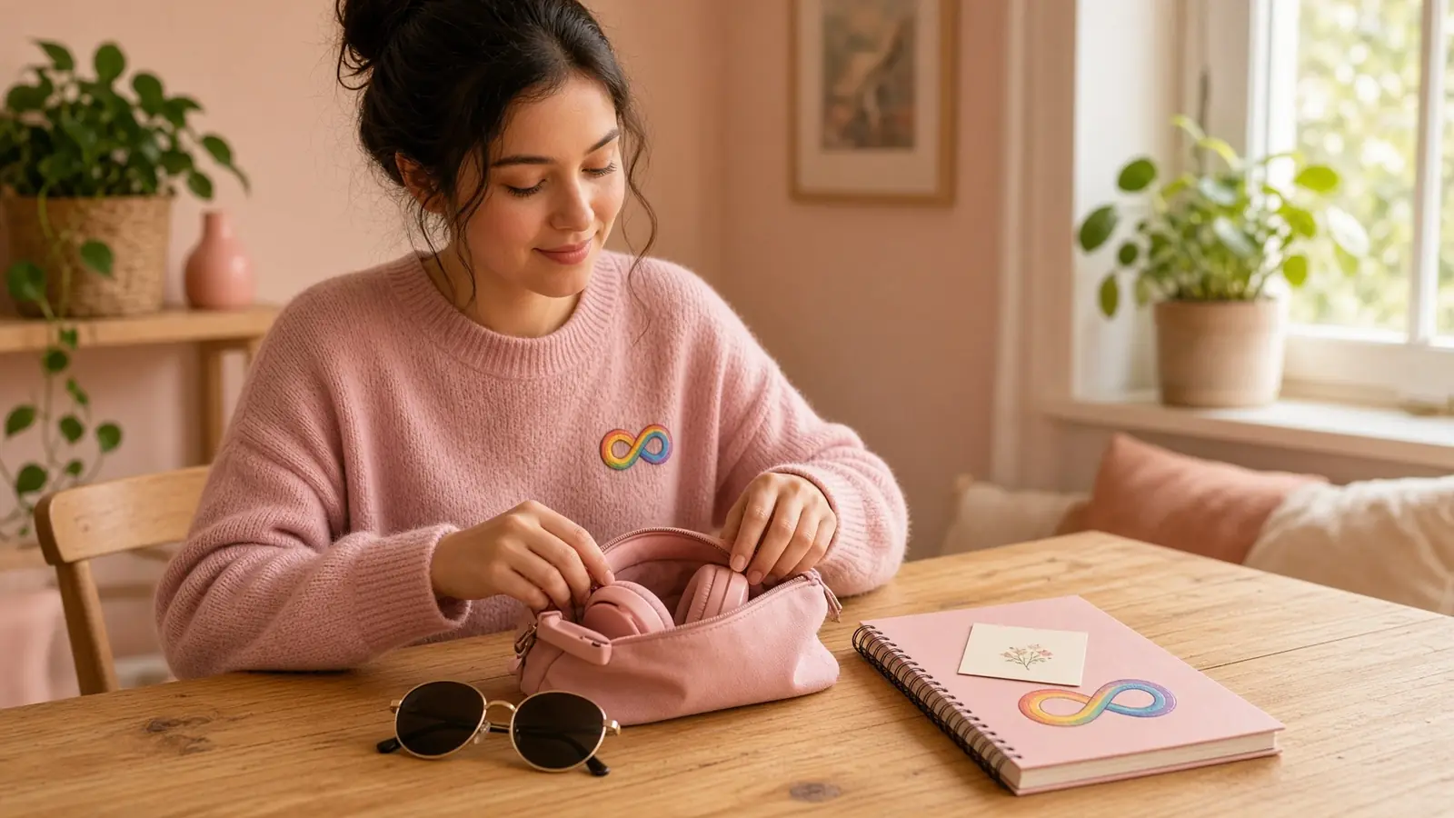 Jovem de suéter rosa com broche do infinito colorido organiza em uma mesa de madeira uma bolsa de conforto com fones de ouvido, óculos escuros e um caderno com o símbolo da neurodiversidade